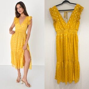 NWOT Lulus Cause to Celebrate Yellow and‎ Gold Dot Ruffled Tiered Midi Dress